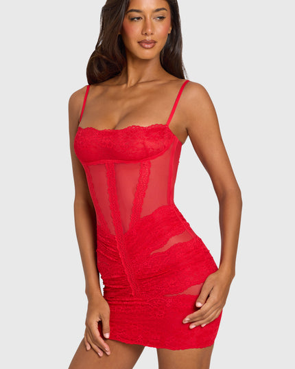 Cherry Red Placed Lace-Trim Mini Dress