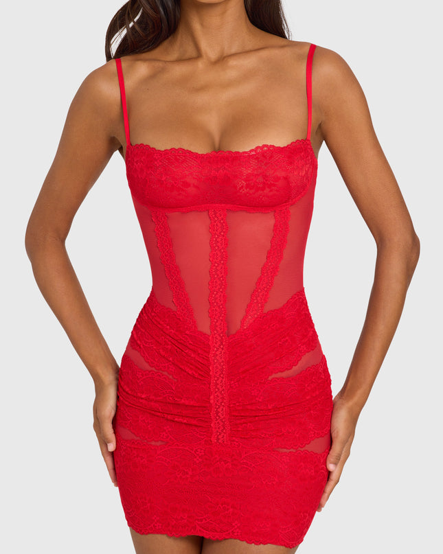Cherry Red Placed Lace-Trim Mini Dress