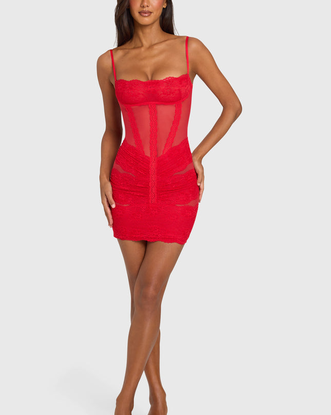 Cherry Red Placed Lace-Trim Mini Dress