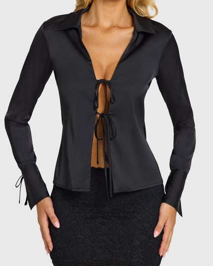 Black Satin Long-Sleeve Shirt