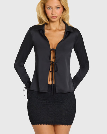 Black Satin Long-Sleeve Shirt