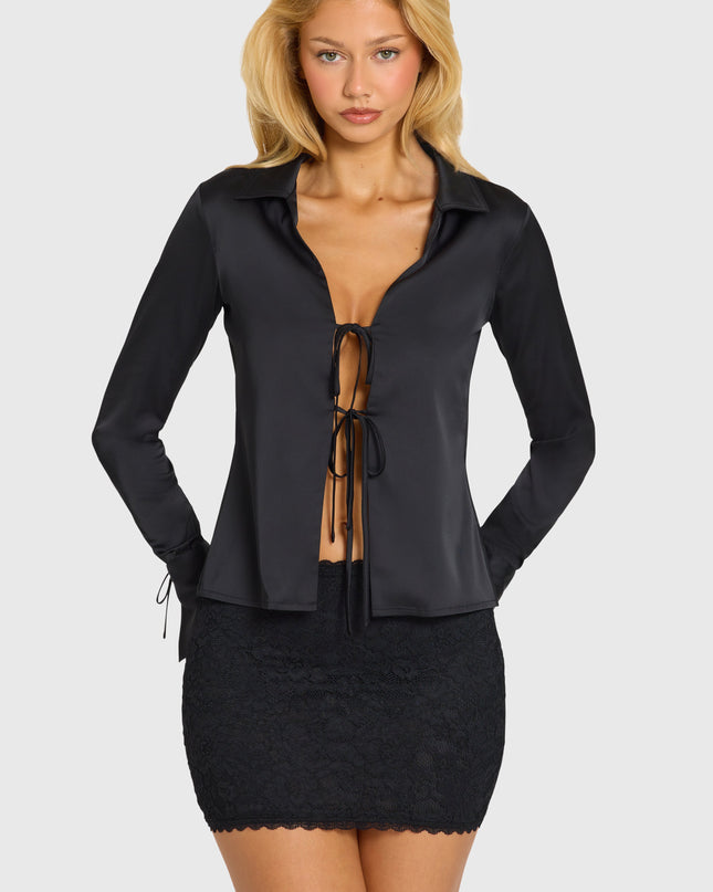 Black Satin Long-Sleeve Shirt