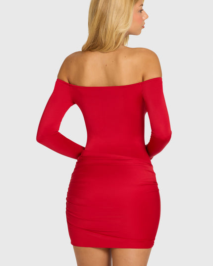 Cherry Red Off-Shoulder Long-Sleeve Mini Dress