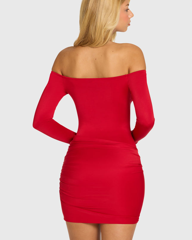 Cherry Red Off-Shoulder Long-Sleeve Mini Dress