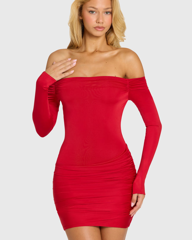 Cherry Red Off-Shoulder Long-Sleeve Mini Dress