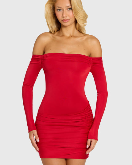Cherry Red Off-Shoulder Long-Sleeve Mini Dress