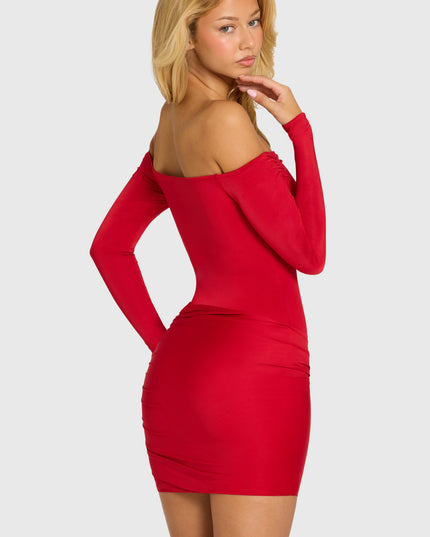 Cherry Red Off-Shoulder Long-Sleeve Mini Dress