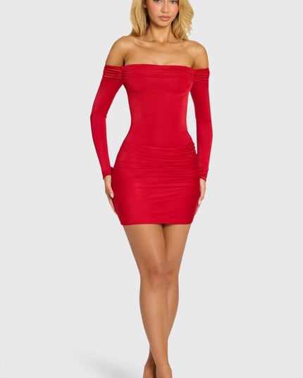 Cherry Red Off-Shoulder Long-Sleeve Mini Dress