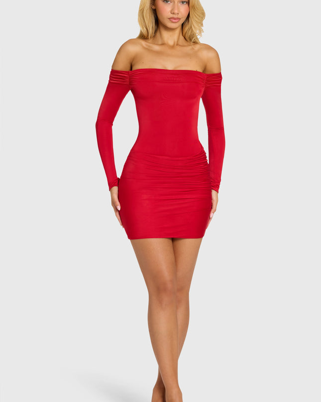 Cherry Red Off-Shoulder Long-Sleeve Mini Dress