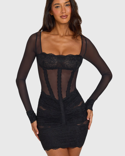 Black Placed Lace-Trim Long-Sleeve Mini Dress
