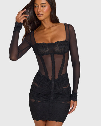 Black Placed Lace-Trim Long-Sleeve Mini Dress
