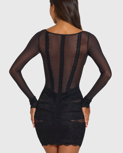 Black Placed Lace-Trim Long-Sleeve Mini Dress