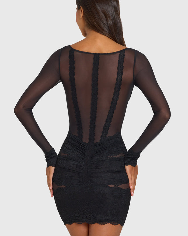 Black Placed Lace-Trim Long-Sleeve Mini Dress
