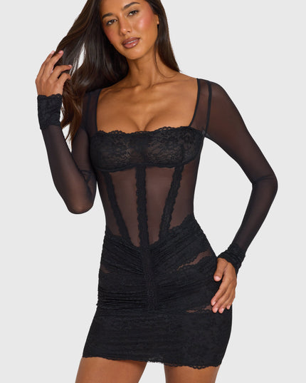 Black Placed Lace-Trim Long-Sleeve Mini Dress