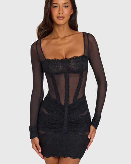 Black Placed Lace-Trim Long-Sleeve Mini Dress