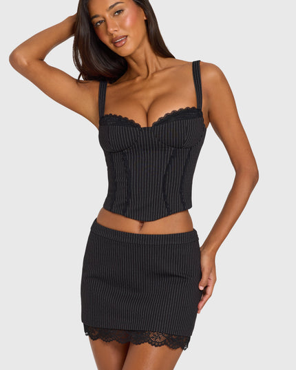 Black Pinstripe Ponte Lace-Trim Peekaboo Corset Top