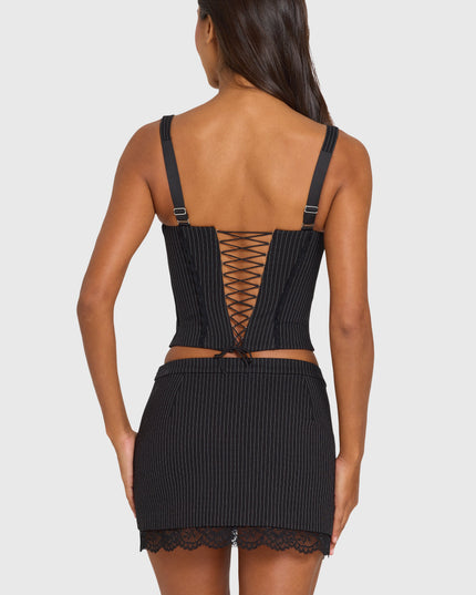 Black Pinstripe Ponte Lace-Trim Peekaboo Corset Top