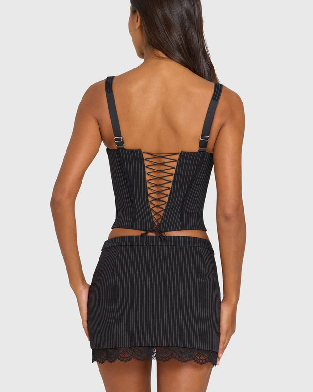 Black Pinstripe Ponte Lace-Trim Peekaboo Corset Top