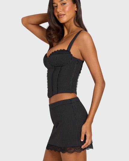 Black Pinstripe Ponte Lace-Trim Peekaboo Corset Top