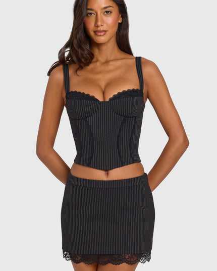 Black Pinstripe Ponte Lace-Trim Peekaboo Corset Top