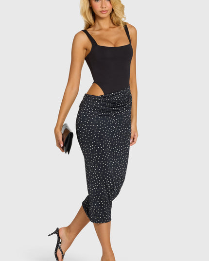 Black Bodice Draped Midi Dress