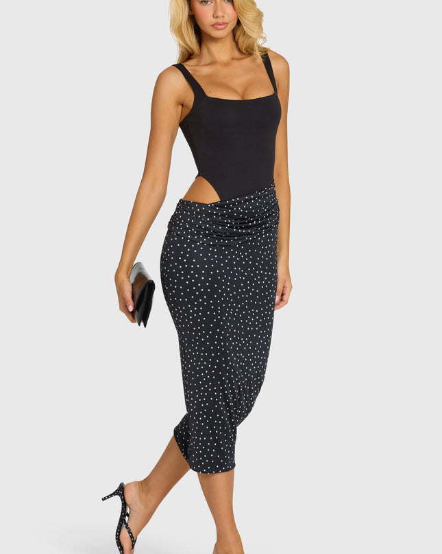 Black Bodice Draped Midi Dress