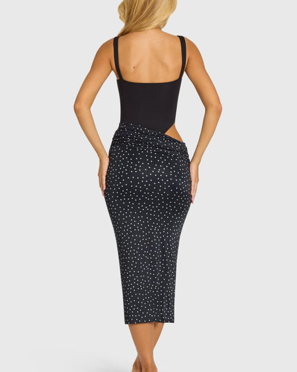 Black Bodice Draped Midi Dress