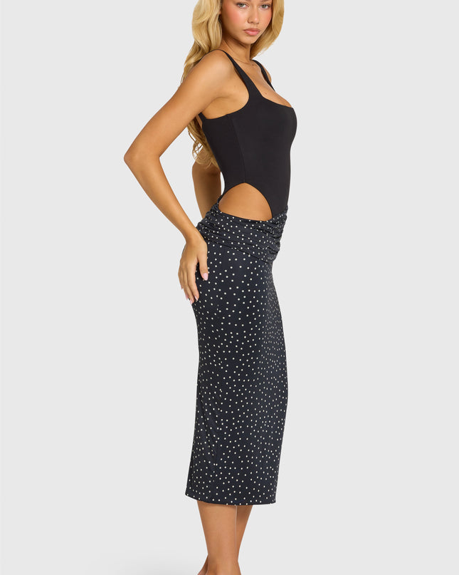 Black Bodice Draped Midi Dress