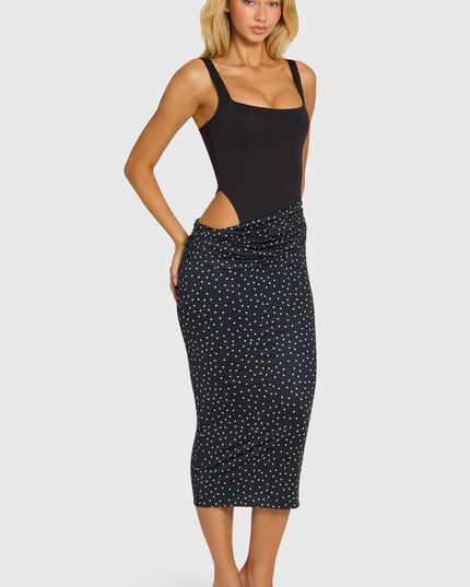 Black Bodice Draped Midi Dress