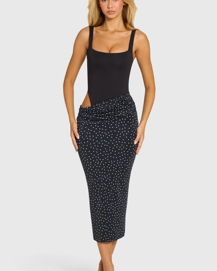Black Bodice Draped Midi Dress