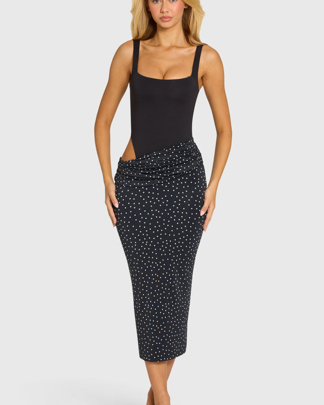 Black Bodice Draped Midi Dress