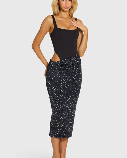 Black Bodice Draped Midi Dress