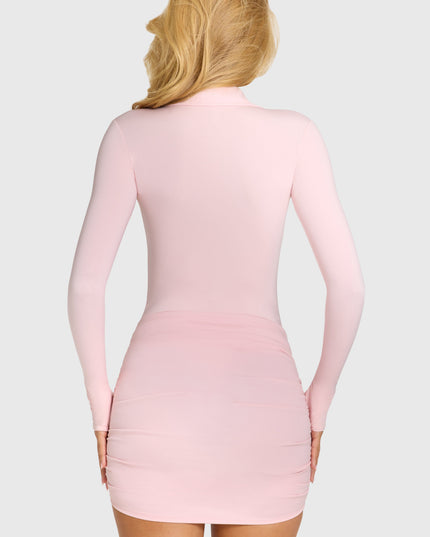 Baby Pink Button Front Long-Sleeve Mini Dress