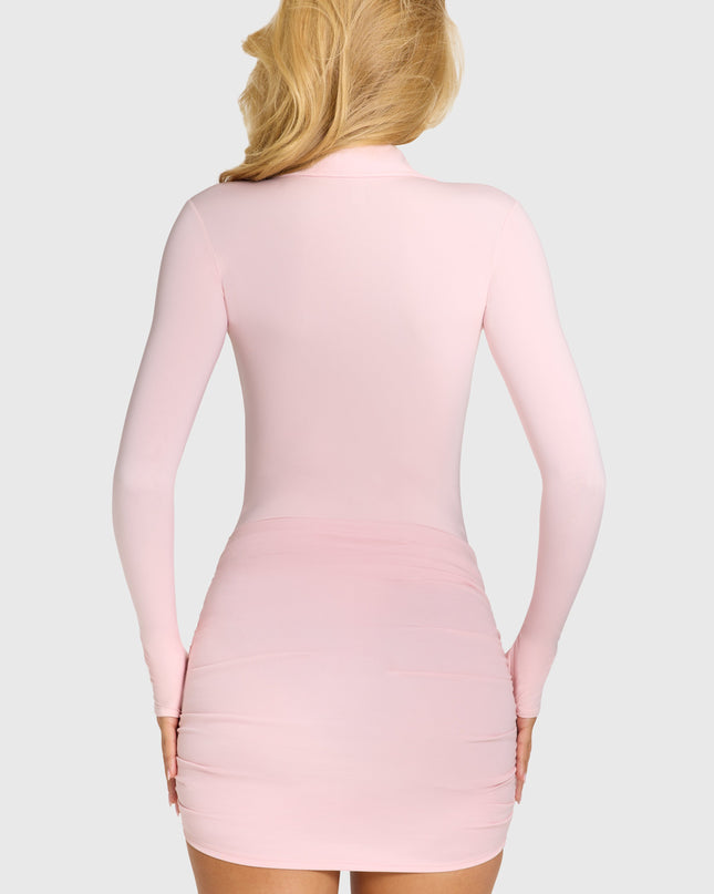 Baby Pink Button Front Long-Sleeve Mini Dress