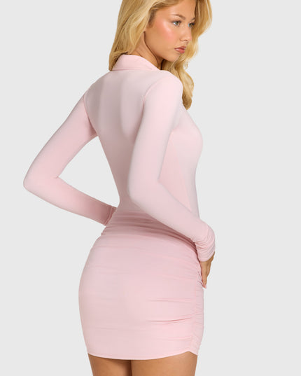 Baby Pink Button Front Long-Sleeve Mini Dress