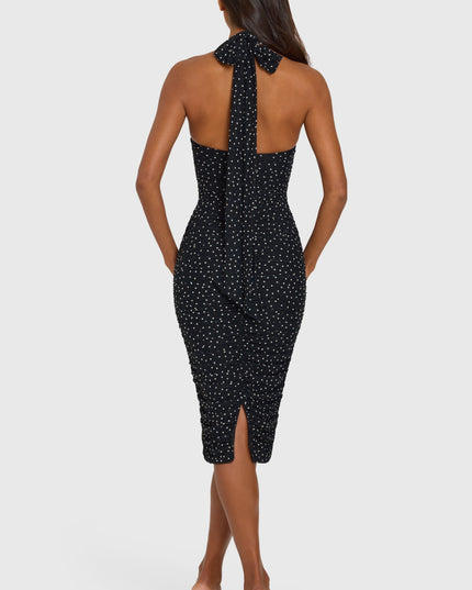 Black Polka Dot Halterneck Underwired Midi Dress
