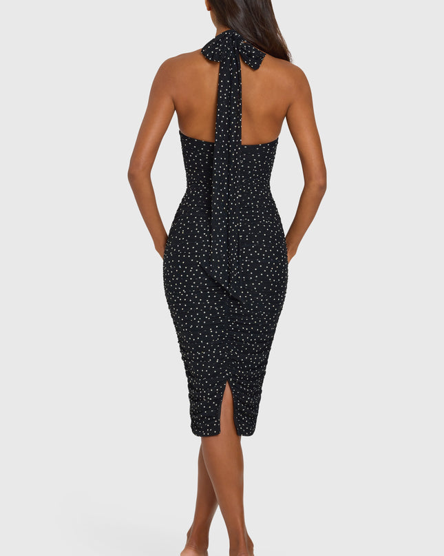 Black Polka Dot Halterneck Underwired Midi Dress