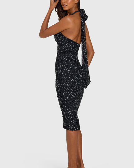 Black Polka Dot Halterneck Underwired Midi Dress