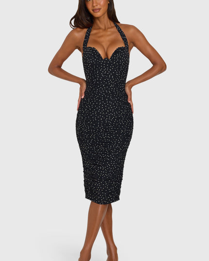 Black Polka Dot Halterneck Underwired Midi Dress