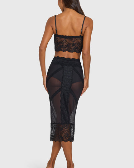 Black Placed Lace-Trim Mid-Rise Midi Skirt