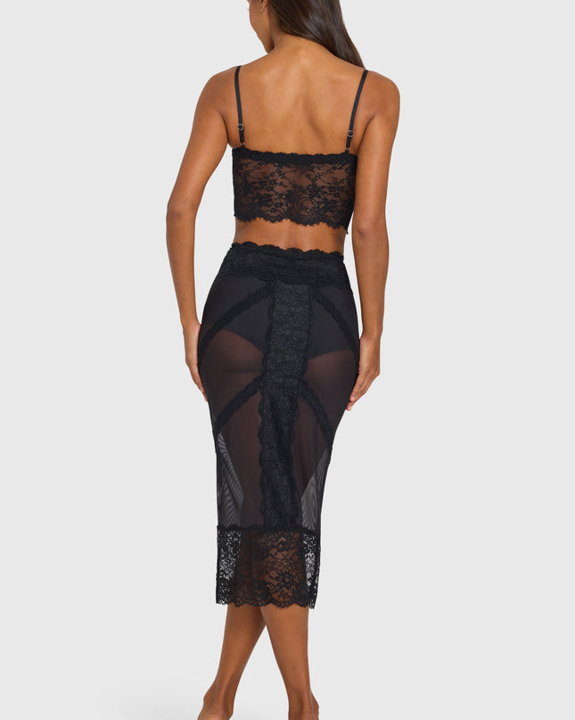 Black Placed Lace-Trim Mid-Rise Midi Skirt