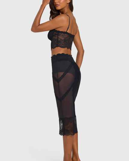 Black Placed Lace-Trim Mid-Rise Midi Skirt