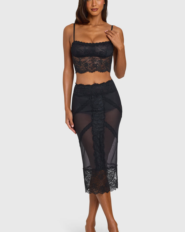 Black Placed Lace-Trim Mid-Rise Midi Skirt