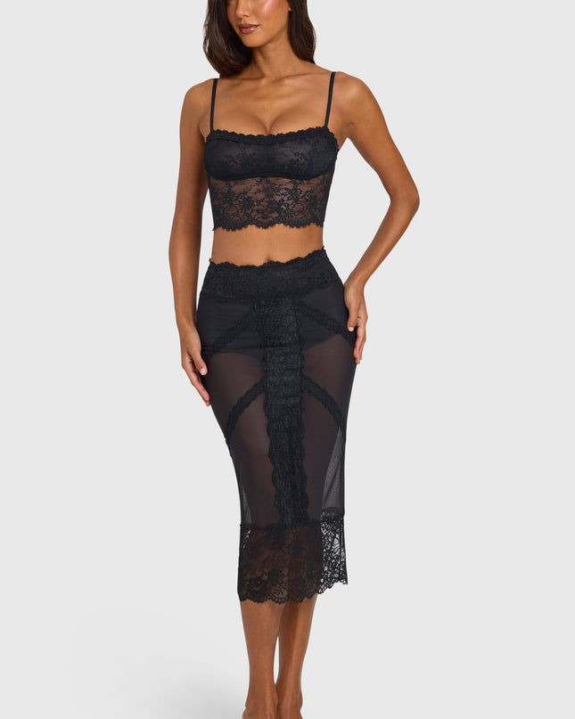 Black Placed Lace-Trim Mid-Rise Midi Skirt