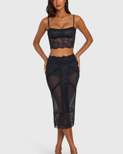 Black Placed Lace-Trim Mid-Rise Midi Skirt