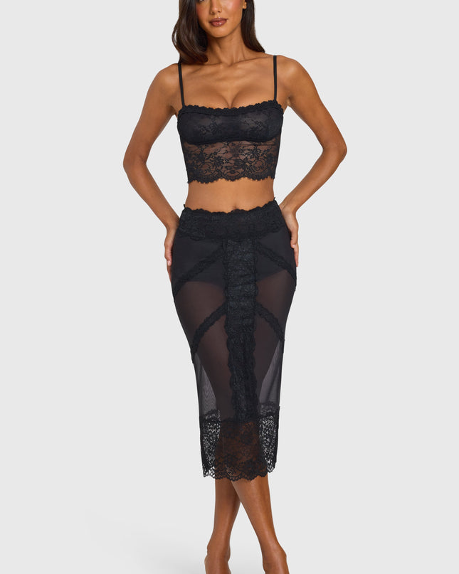 Black Placed Lace-Trim Mid-Rise Midi Skirt
