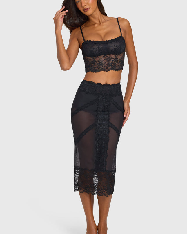 Black Placed Lace-Trim Mid-Rise Midi Skirt