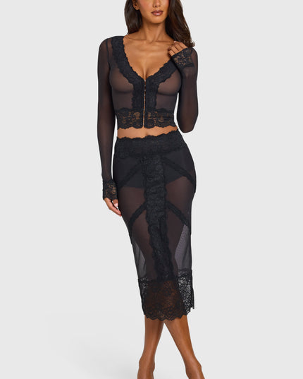 Black Placed Lace-Trim Cropped Cardigan