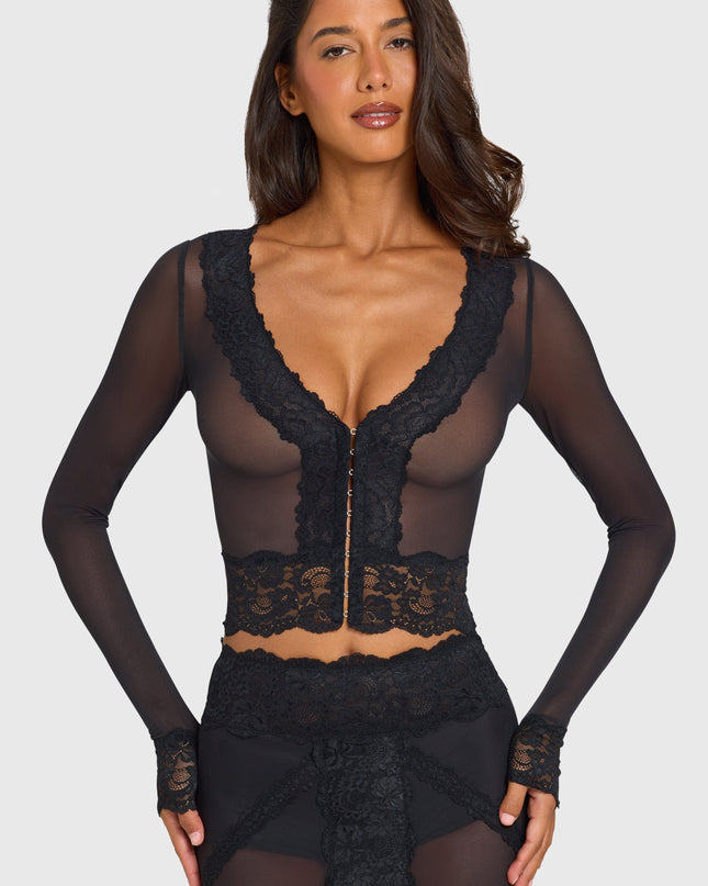 Black Placed Lace-Trim Cropped Cardigan