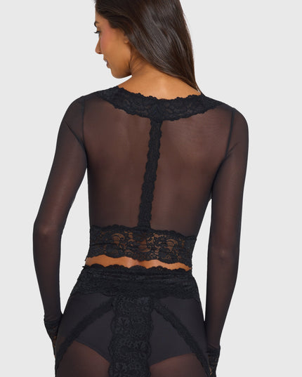 Black Placed Lace-Trim Cropped Cardigan